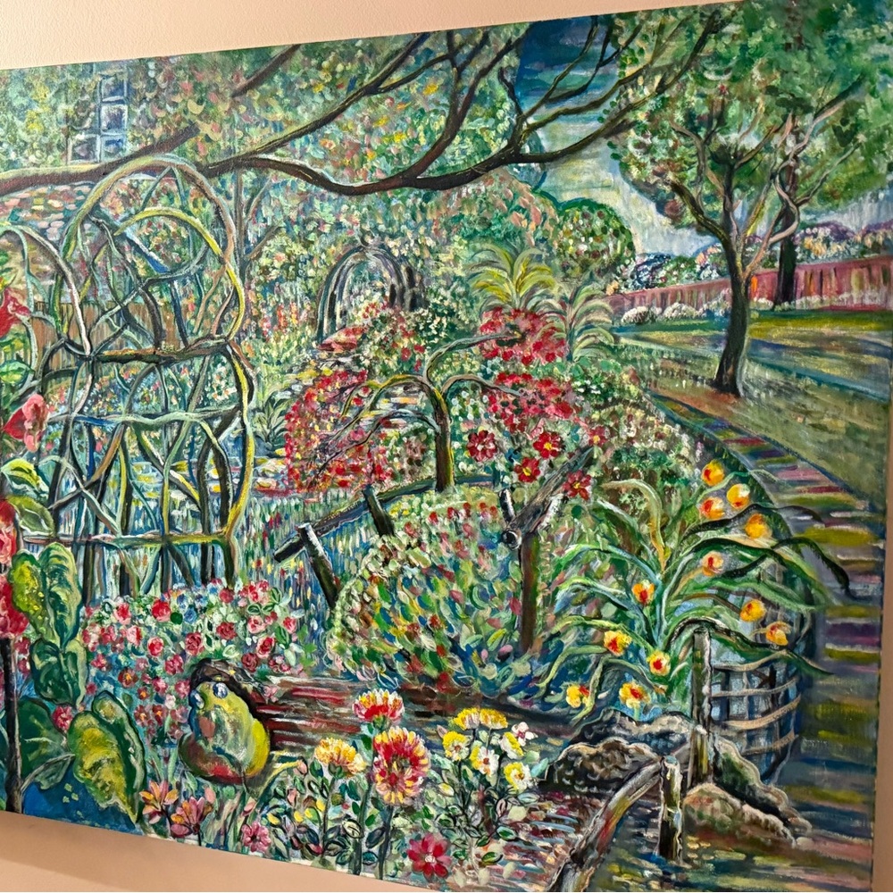 Whimsical and Cottagecore Signed Oil Vibrant Garden Landscape Painting